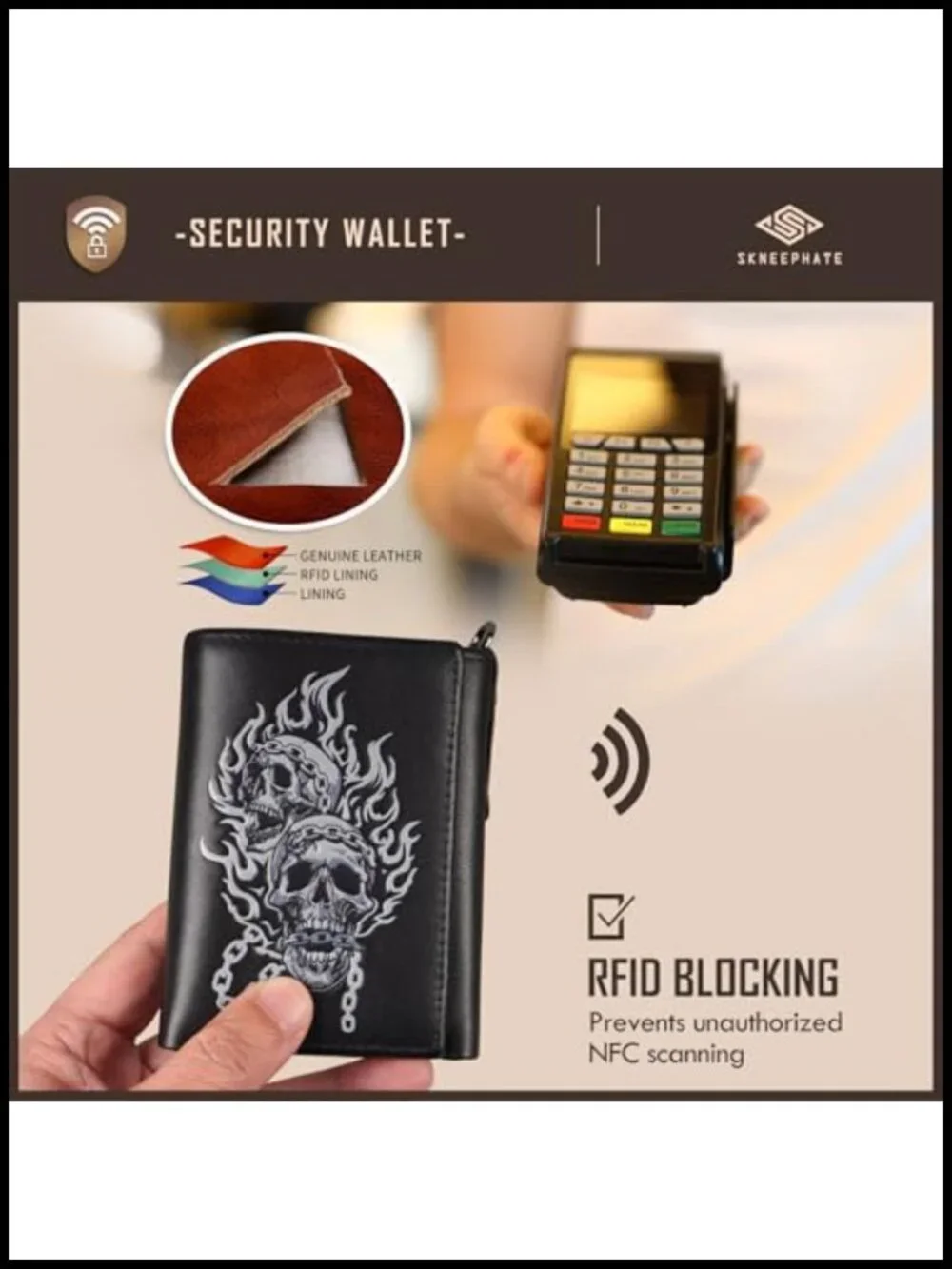Men's Skull Trifold Wallet with Detachable Chain RFID Blocking Full-Grain